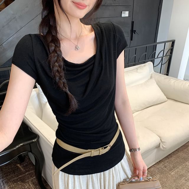Cropped Asymmetric V-Neck Basic Tee