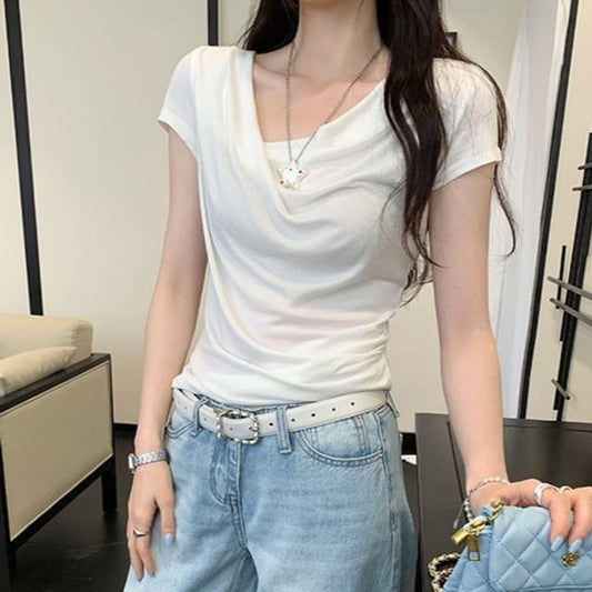 Cropped Asymmetric V-Neck Basic Tee
