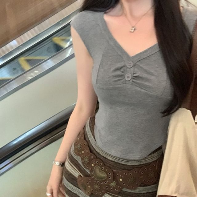 Short Sleeve V-Neck Simple Crop Blouse