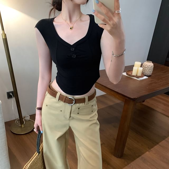 Short Sleeve V-Neck Simple Crop Blouse