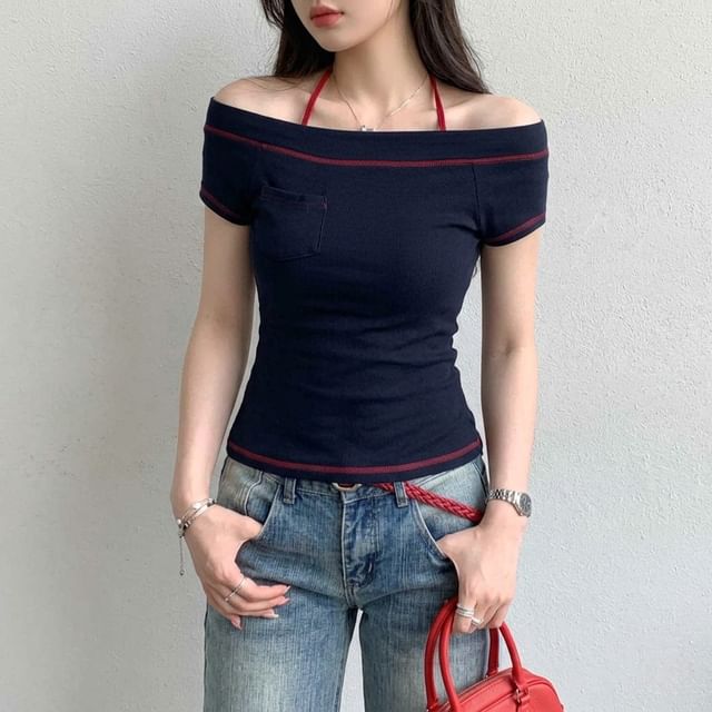 Off-Shoulder Contrast Stitch Short Sleeve Shirt