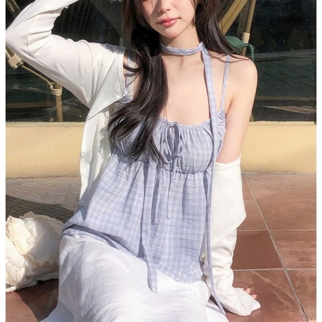 Checked Tie-Front Loose Camisole