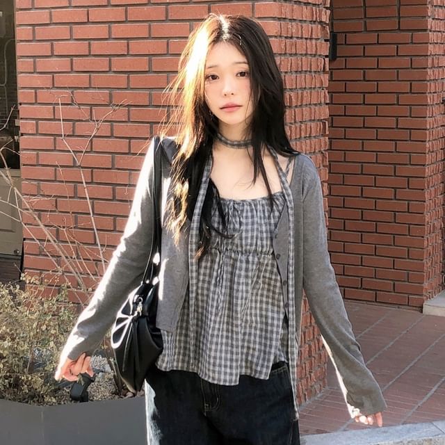 Checked Tie-Front Loose Camisole