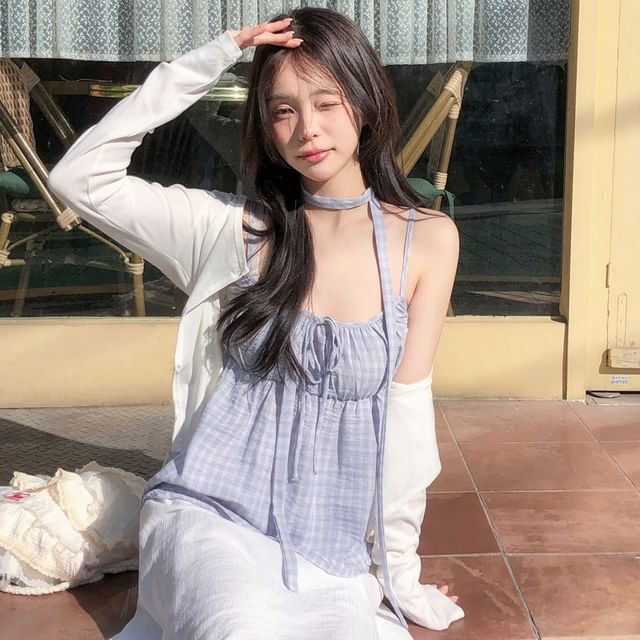 Checked Tie-Front Loose Camisole
