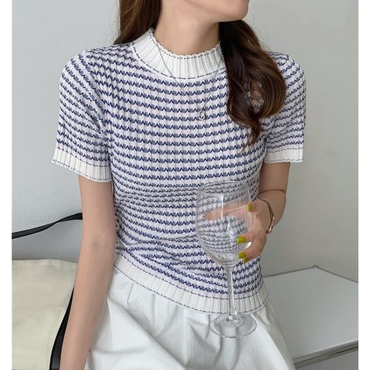 Color-Block Crochet Mock Neck Knit Top