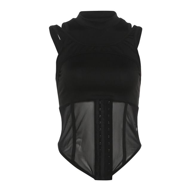 Mesh-Insert Corset-Style Tank with Layered Look
