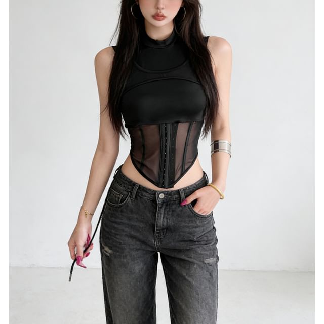 Mesh-Insert Corset-Style Tank with Layered Look