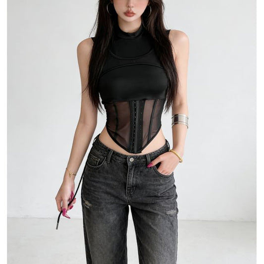 Mesh-Insert Corset-Style Tank with Layered Look