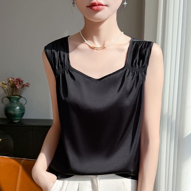 Square Neck Ruched Satin Tank