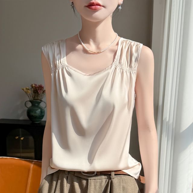 Square Neck Ruched Satin Tank