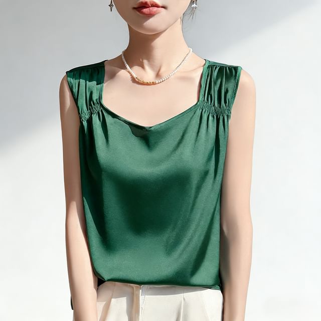 Square Neck Ruched Satin Tank