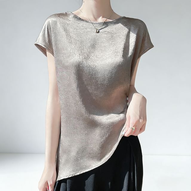 Satin Asymmetric Crew Neck Short Sleeve Top