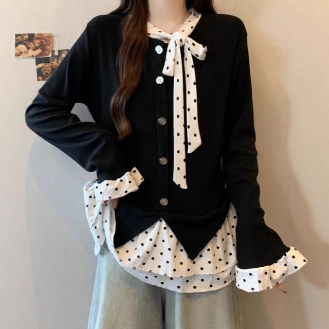 Polka Dot Two-Piece Effect Long Sleeve Top