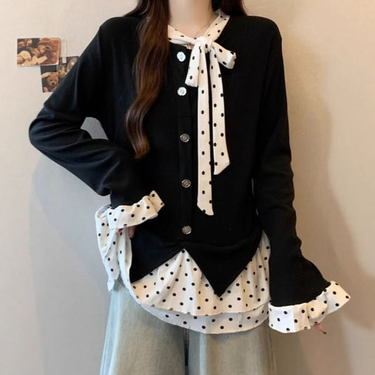 Polka Dot Two-Piece Effect Long Sleeve Top
