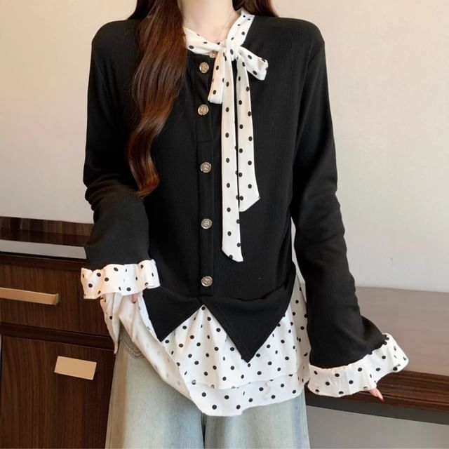Polka Dot Two-Piece Effect Long Sleeve Top