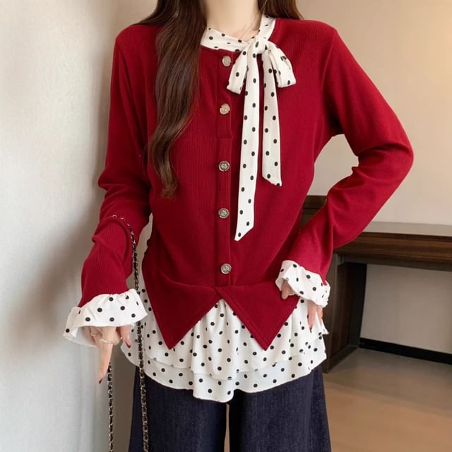 Polka Dot Two-Piece Effect Long Sleeve Top