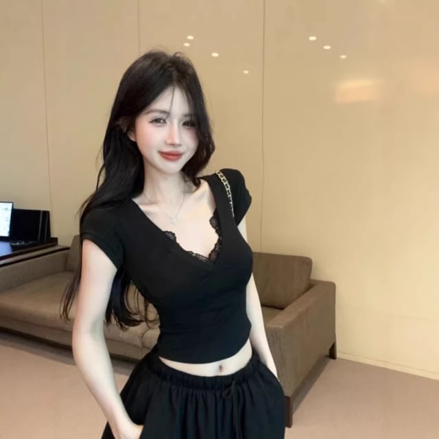 Lace-Embellished Short Sleeve V-Neck Blouse