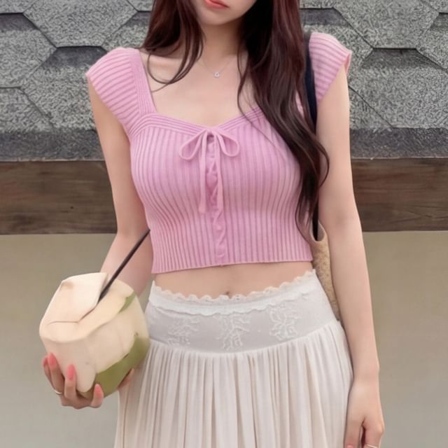 Cap-Sleeve Square-Neck Plain Ribbed Lace-Up Crop Knit Top