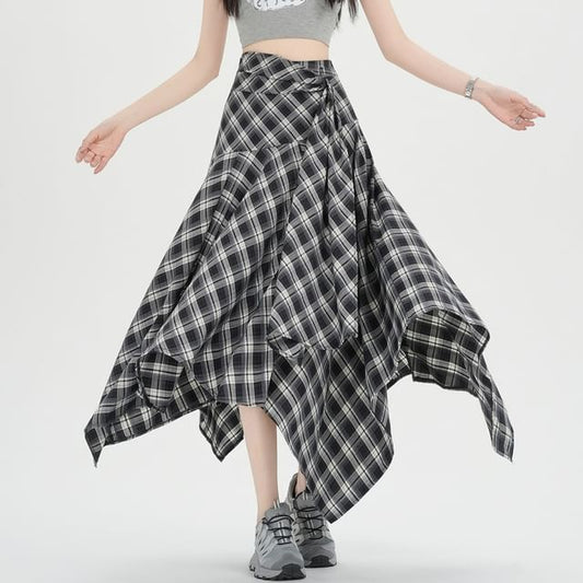 High Waist Plaid Asymmetrical Midi A-Line Skirt
