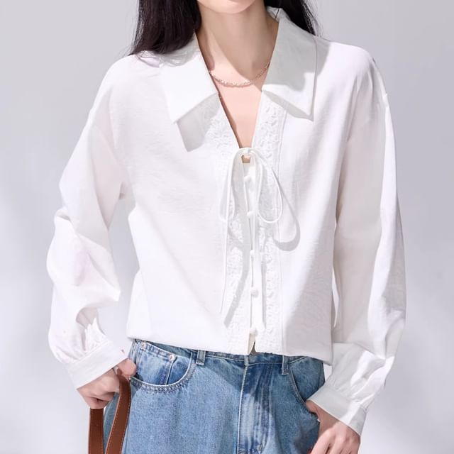 Long Sleeve Collared Plain Tie Front Blouse