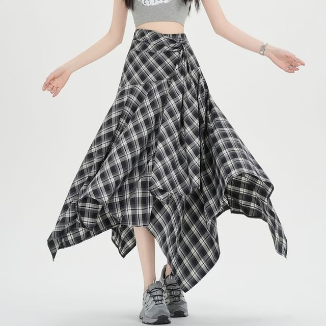 High Waist Plaid Asymmetrical Midi A-Line Skirt