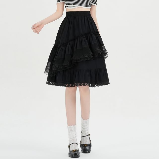 High Waist Plain Ruffle Tiered Panel Lace Midi A-Line Skirt