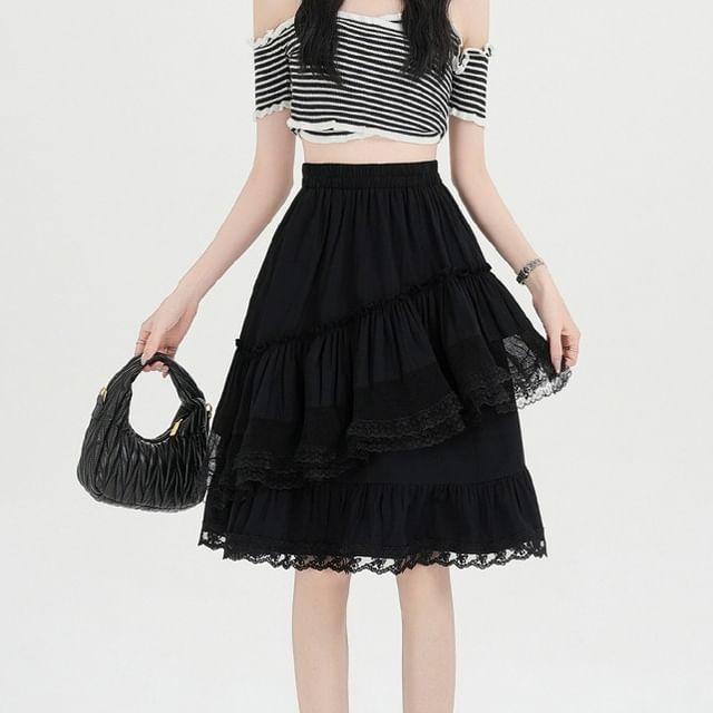 High Waist Plain Ruffle Tiered Panel Lace Midi A-Line Skirt
