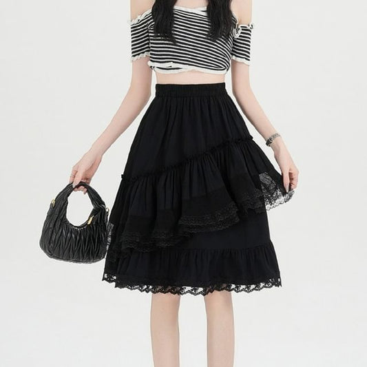 High Waist Plain Ruffle Tiered Panel Lace Midi A-Line Skirt
