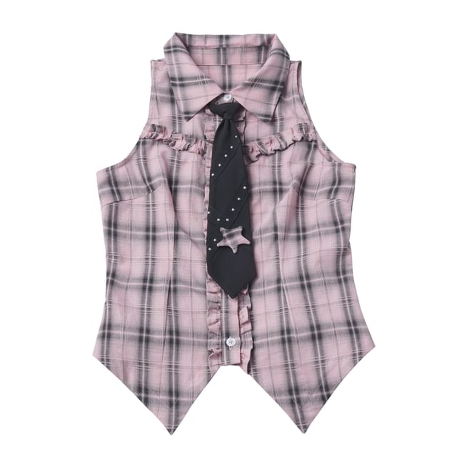 Plaid Collared Long Sleeve Shirt / Ruffled Crop Cardigan / Mini Skirt