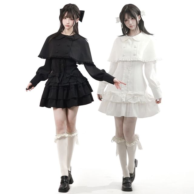 Long Sleeve Band Collar Blouse / Cropped Cape Collar / High Waist Mini Skirt / Ruffled Dress