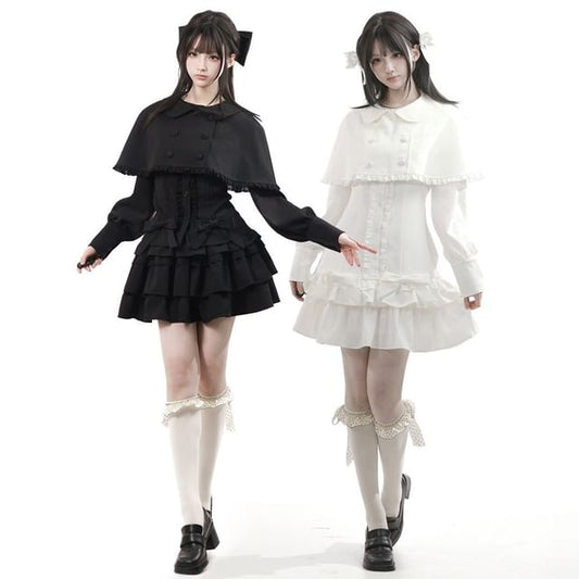 Long Sleeve Band Collar Blouse / Cropped Cape Collar / High Waist Mini Skirt / Ruffled Dress