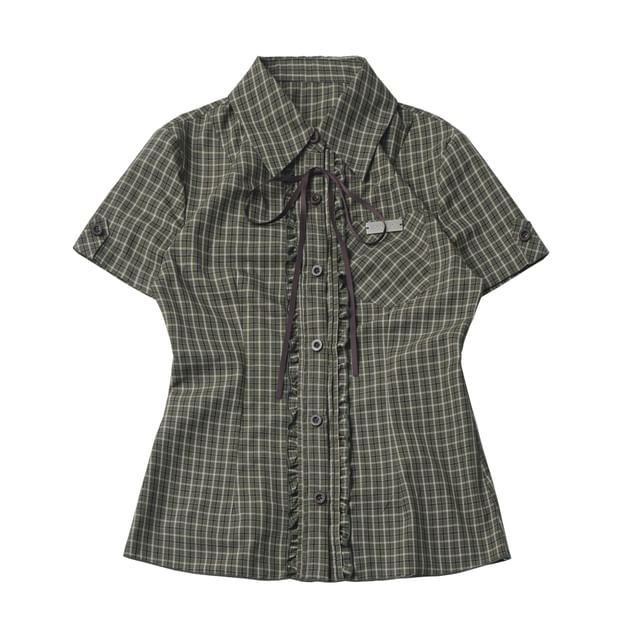 Plaid Button-Up Shirt / Scoop Neck Vest / High Waist Skirt / Midi A-Line Skirt