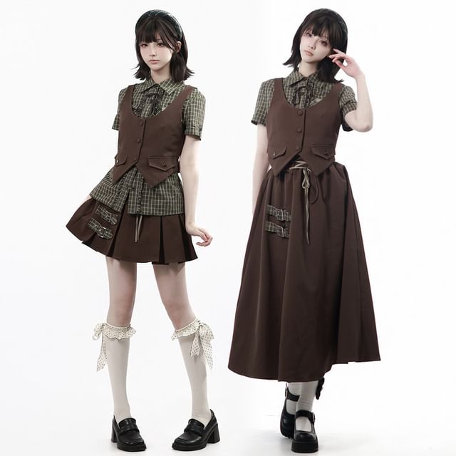 Plaid Button-Up Shirt / Scoop Neck Vest / High Waist Skirt / Midi A-Line Skirt