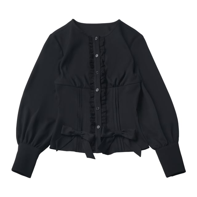 Long Sleeve Band Collar Blouse / Cropped Cape Collar / High Waist Mini Skirt / Ruffled Dress