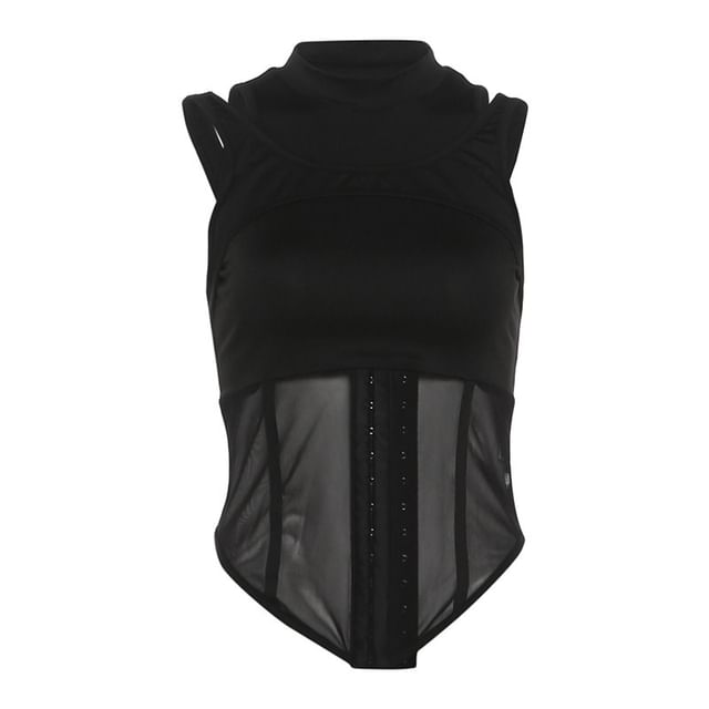 Mesh Panel Hook and Eye Crop Tank Mock Neck