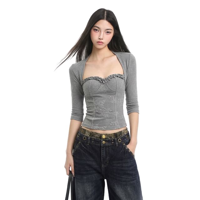 3/4-Sleeve Sweetheart Neckline Lace Panel Frill Trim Slim Fit Crop T-Shirt