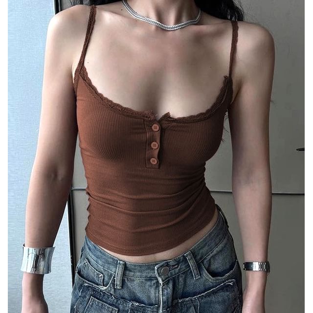 Scoop Neck Lace-Trim Half Button Plain Slim-Fit Crop Camisole Top
