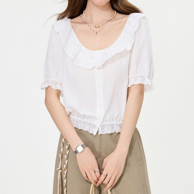Puff-Sleeve Scoop Neck Plain Lace Trim Blouse