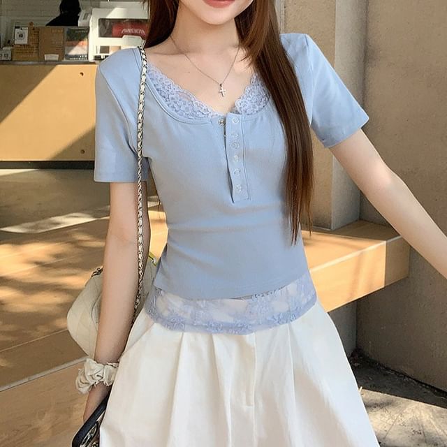Short-Sleeve Henley Plain Lace Trim Mock Two-Piece T-Shirt