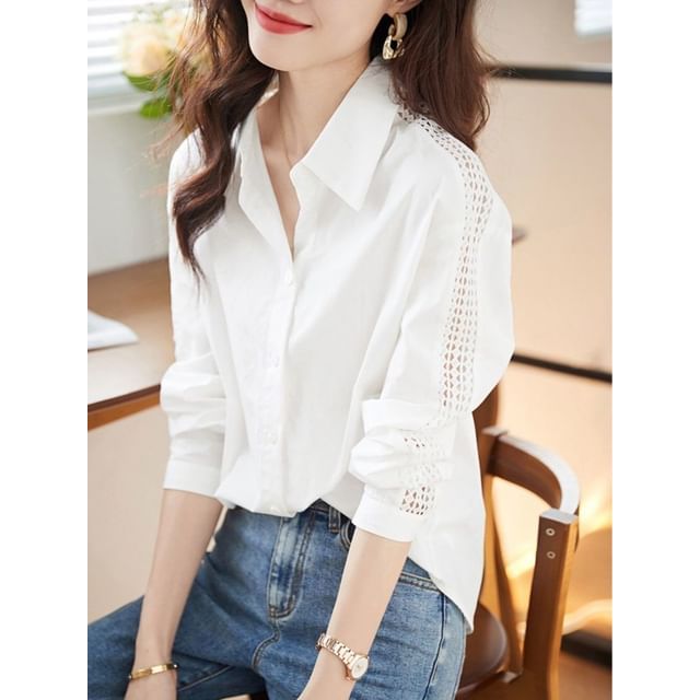 Long-Sleeve Plain Lace Trim Shirt