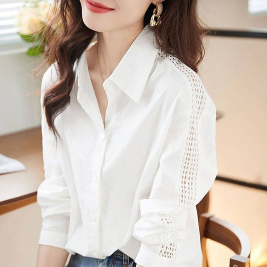 Long-Sleeve Plain Lace Trim Shirt