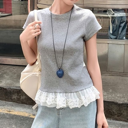 Short-Sleeve Crew Neck Plain Lace Trim T-Shirt