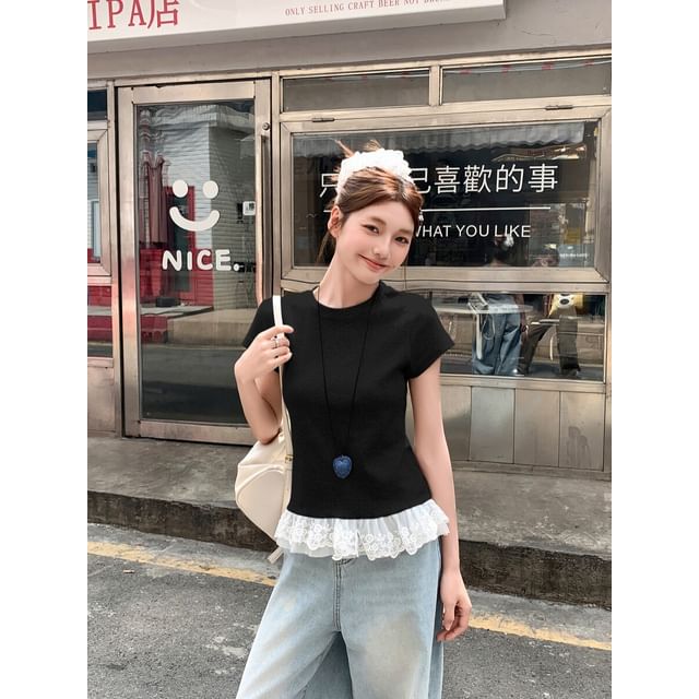 Short-Sleeve Crew Neck Plain Lace Trim T-Shirt