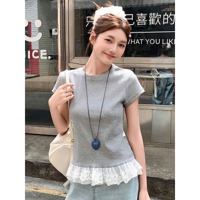 Short-Sleeve Crew Neck Plain Lace Trim T-Shirt