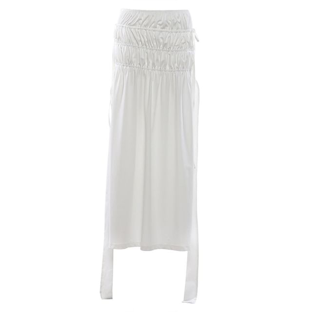 Short-Sleeve Off Shoulder Plain Lace Bustier Top / Mid Rise Maxi A-Line Skirt
