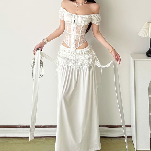 Short-Sleeve Off Shoulder Plain Lace Bustier Top / Mid Rise Maxi A-Line Skirt
