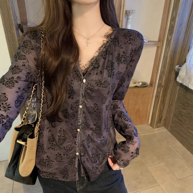 Long-Sleeve V-Neck Lace Trim Top