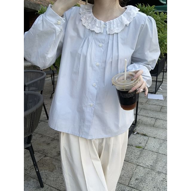 Long-Sleeve Lace Collar Plain Blouse
