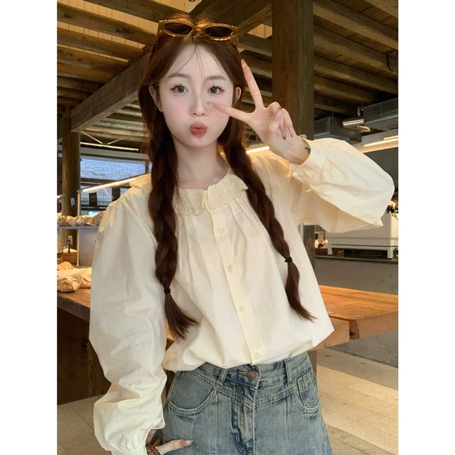 Long-Sleeve Lace Collar Plain Blouse