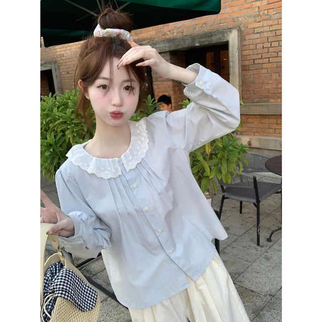 Long-Sleeve Lace Collar Plain Blouse